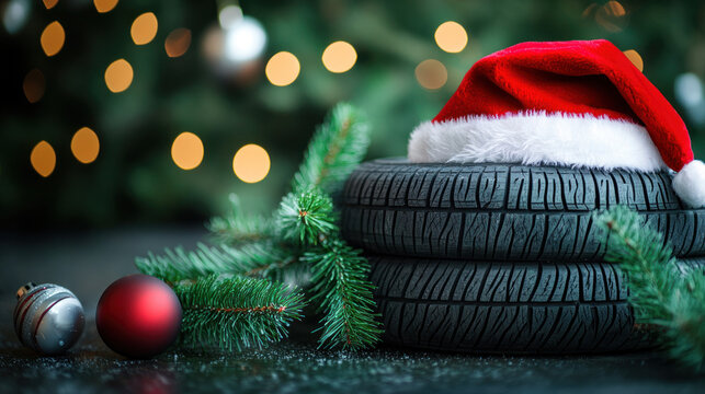 Stacked tires with Santa hat in a festive setting