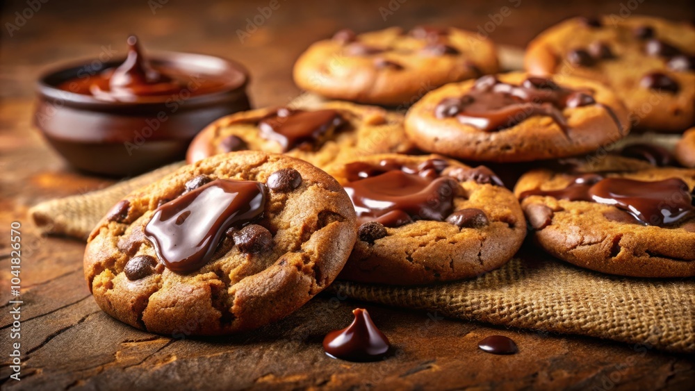 Poster a close-up of freshly baked chocolate chip cookies drizzled with melted chocolate, arranged on a rus