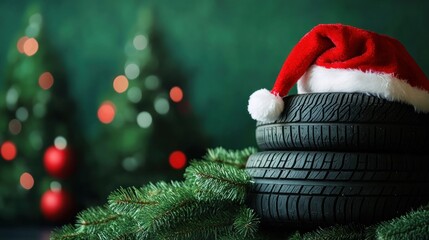 Stacked tires topped with Santa hat, pine decor.