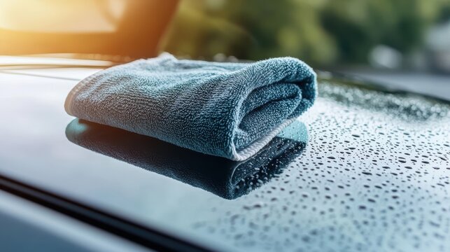 Clean blue microfiber towel on a wet car surface reflecting light.