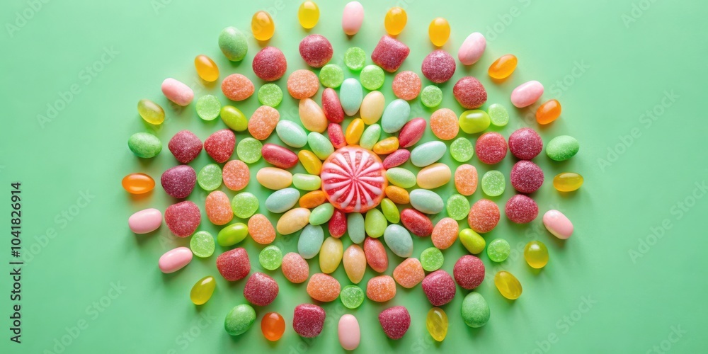 Poster a vibrant arrangement of colorful candies forming a circular pattern, showcasing a range of shapes, 