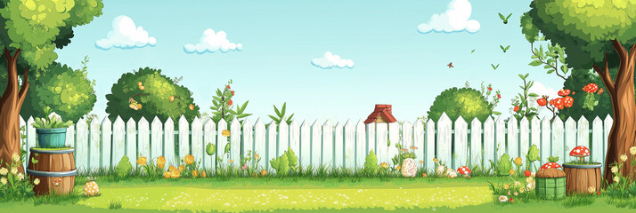 a cute cartoon vector illustration flat cartoon of fence in summer garden with gardening tools, lawn , house, landscape.