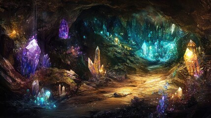 Naklejka premium A crystal-encrusted subterranean cavern glows with vibrant gems, lighting the underground space in a radiant display.