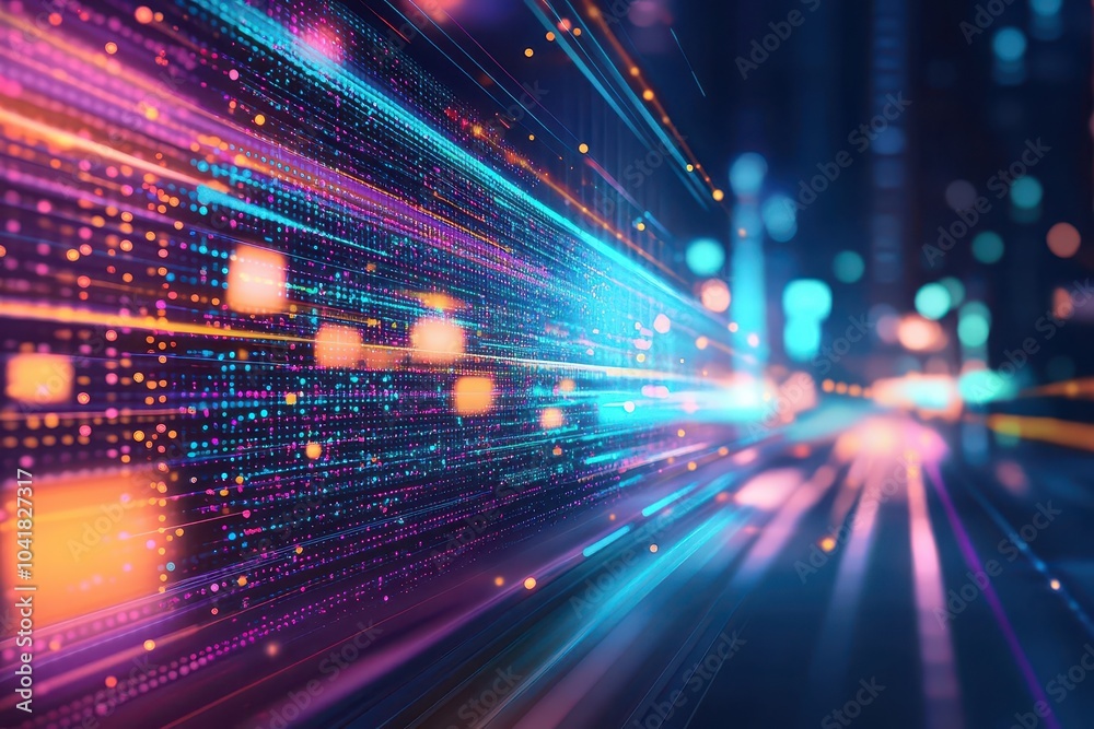 Fototapete Smart city streetscape with dots and gradient lines flowing through, symbolizing data streams and AI traffic control, side view, robotic tone, Triadic Color Scheme