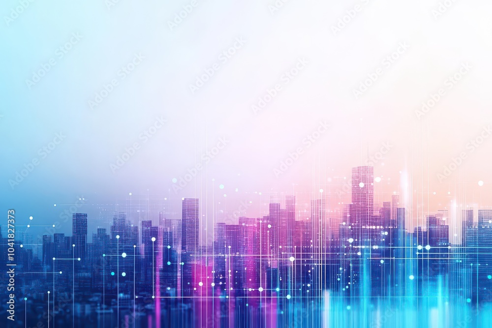 Fototapete Smart city district highlighted with abstract dots linked by gradient lines, illustrating data and resource management, front view, digital tone, Analogous Color Scheme