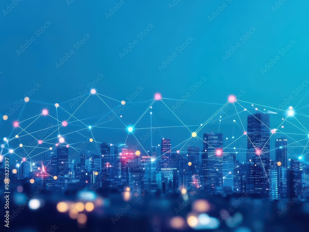 Poster Smart city skyline illuminated by abstract dots connected with gradient lines, night sky view, representing urban data flow, futuristic tone, Triadic Color Scheme