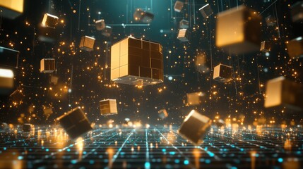 A digital scene with floating golden cubes and glowing particles, suggesting technology and innovation.