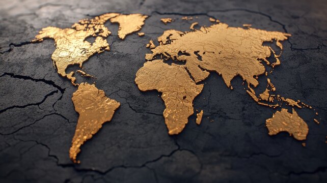 Fototapeta A stylized gold map of the world on a textured dark surface, symbolizing global wealth and connectivity.