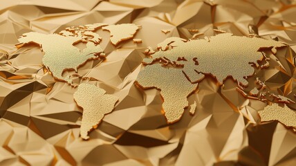 Fototapeta premium A stylized, golden world map is set against a textured, crumpled gold background, creating an elegant and modern visual representation of geography.