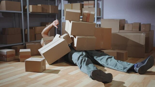 A lying male loader falling with boxes shows his finger down