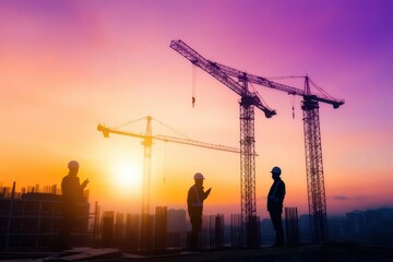 Silhouette of workers at a construction site with cranes in the background, twilight sky, soft orange and purple hues, minimalistic, high contrast, digital painting