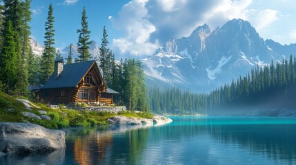 Fototapeta premium A cabin is surrounded by trees and a lake