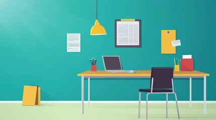 Naklejka premium A modern workspace featuring a desk, chair, and colorful decor. The minimalist design encourages creativity and productivity in a welcoming environment.