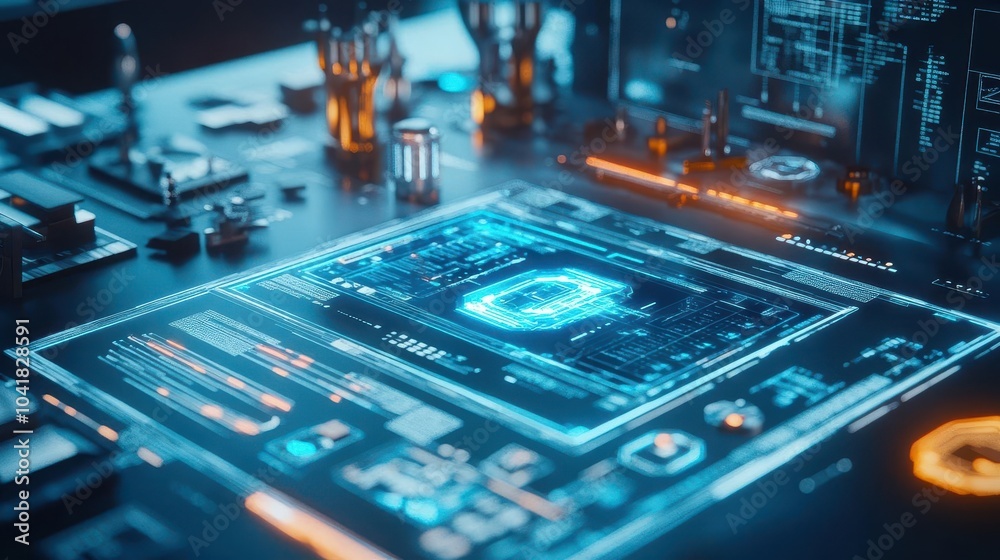 Poster product designers creating a holographic interface for a new ai gadget, futuristic workbench filled 