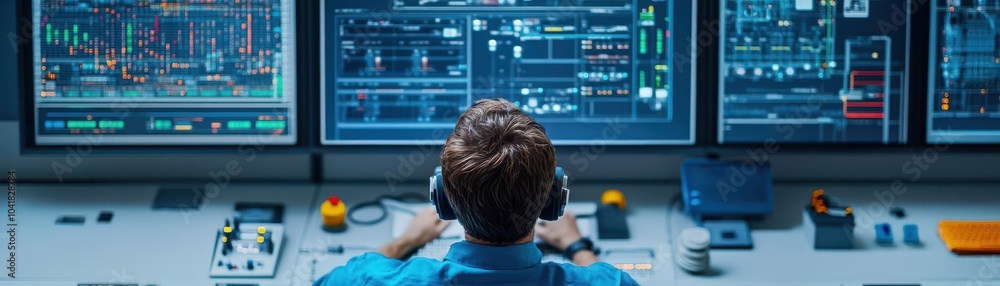 Aufkleber Power plant control room with engineers at the console, top view  Displaying the monitoring of complex energy systems Technology tone, Triadic Color Scheme