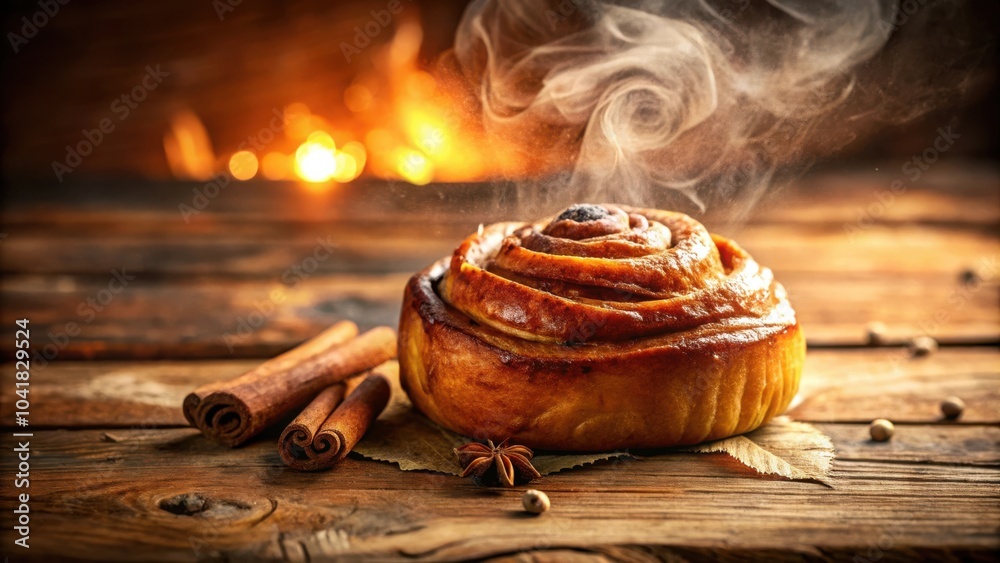 Poster a freshly baked cinnamon roll with steam rising from it on a rustic wooden surface with cinnamon sti