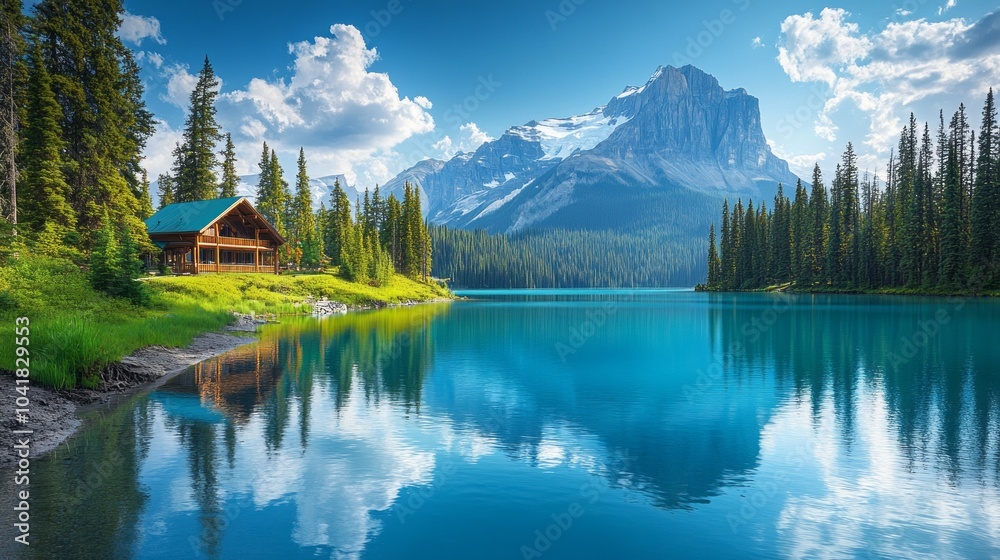 Poster a cabin is situated on a lake surrounded by trees