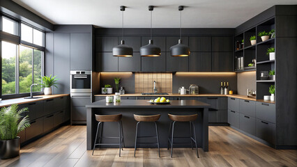 modern kitchen interior with fireplace