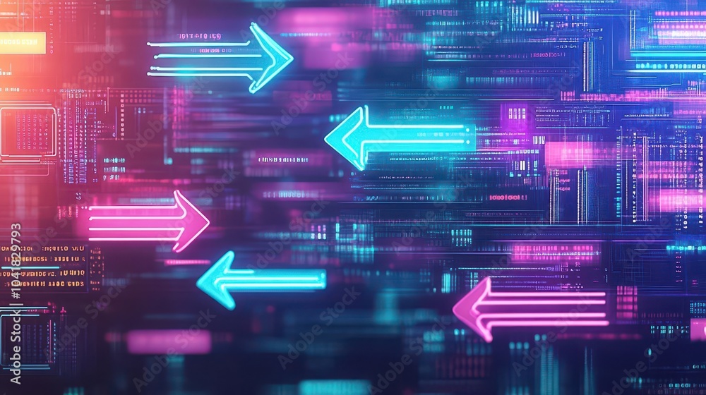 Poster neon arrows, dynamic flow, glowing circuit board, abstract technology pattern, hightech atmosphere