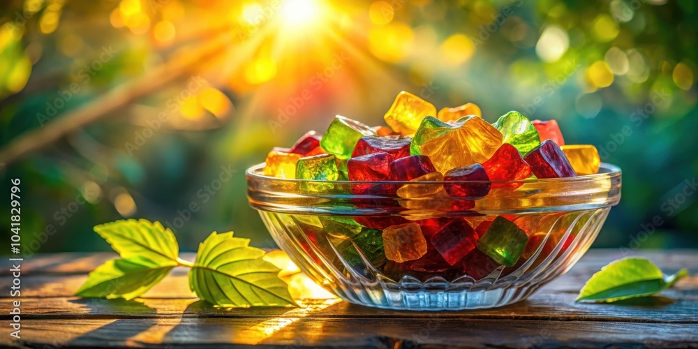 Aufkleber a bowl of colorful candy sits on a wooden surface with green leaves in the foreground and a blurred 