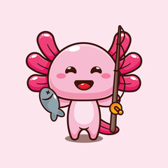 Axolotl catching fish with fishing rod