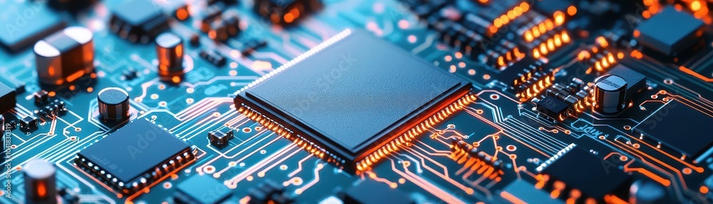 Aufkleber Microchip connections in a circuit board flat design top view IoT devices theme 3D render Complementary Color Scheme