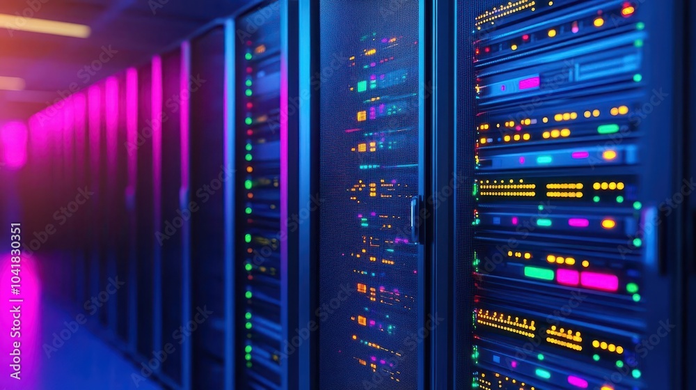 Poster Massive server farm with power distribution units, front view  Showcasing energy management in data centers Digital tone, Vivid