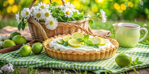A refreshing lime pie with whipped cream and mint leaves, set on a checkered tablecloth, surrounded by limes and a wicker basket filled with daisies, creating a picturesque summer picnic scene.