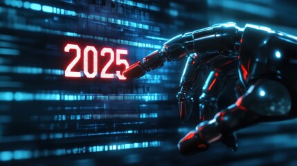 Futuristic robotic hand touching a digital 2025 display.