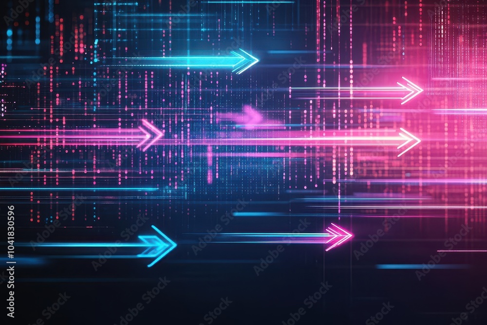 Poster Luminous arrows, digital interface, neon tech grid, abstract futuristic pattern, dark sleek background