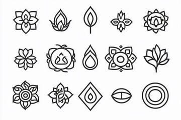 15 different high quality graphical elements icons black thin line on white background symbolizing balance life serenity nature love chakras