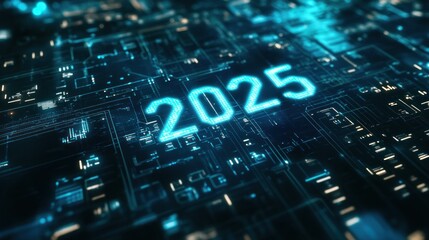 Fototapeta premium High-tech circuit board featuring glowing 2025 sign