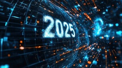 Obraz premium Dynamic digital sphere with year 2025 highlighted