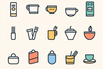 Restaurant icon. A set of simple line icons with tools containing outlet, dishes, phone, fork, knife, home, toilets, coffee. The design should be minimalist.