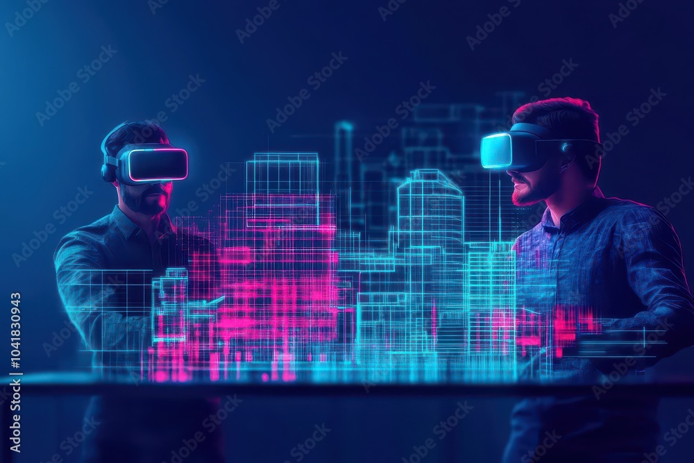 Poster inventors using virtual reality to test innovative architecture concepts, holographic blueprints of 