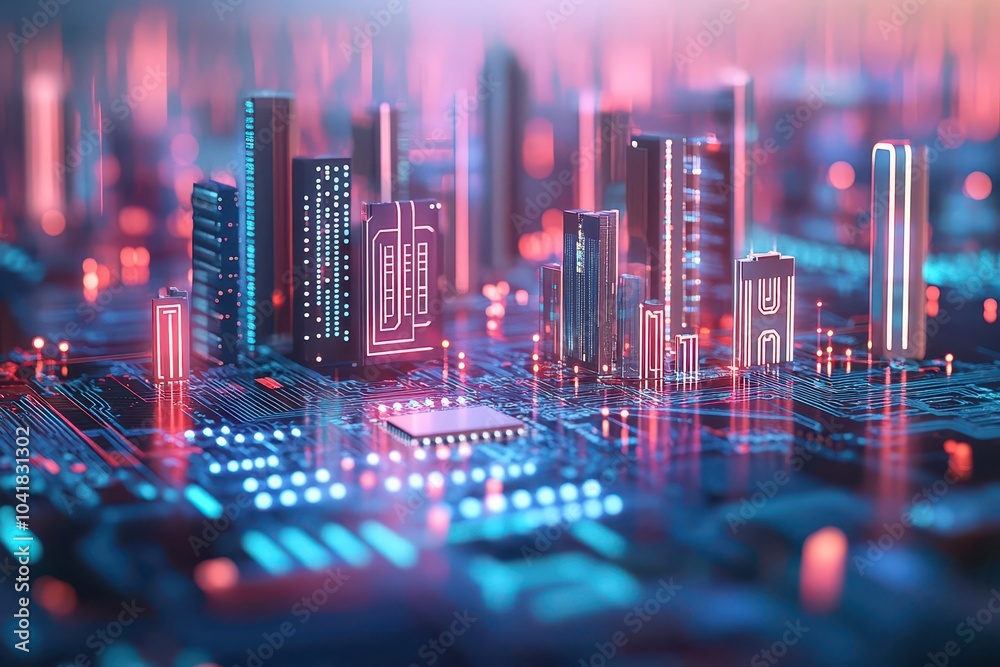 Poster Hightech circuit board texture flat design front view smart cities theme 3D render vivid