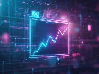 Hightech holographic ROI chart with glowing line graphs, floating in space, abstract geometric shapes, neon blue and purple lighting