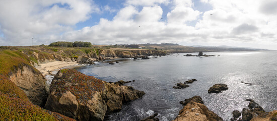 A view of the beautiful California Pacific Coast at Pigeon Point Light Station, showcasing rugged landscapes and tranquil ocean views.