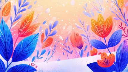 A vibrant winter background, blending organic shapes, artistic colors, and playful snowflakes, creative new year card