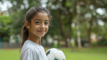 young girl smiles confidently while holding soccer ball, showcasing her passion for sport. lush green background adds to vibrant atmosphere of her outdoor play