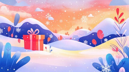 Obraz premium A vibrant gift background, blending organic shapes, artistic colors, and playful snowflakes, creative new year card