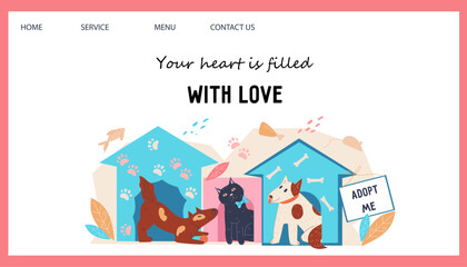 Buying or adoption homeless dogs, animals shelter and help banner template, flat vector illustration isolated on white background.