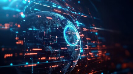 Globe with orbiting digital currency, futuristic technology network, glowing hologram