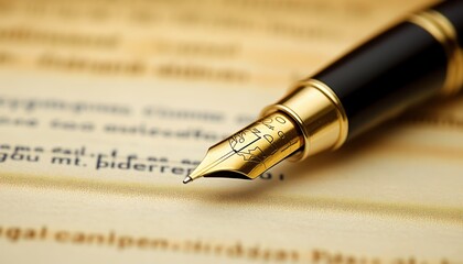 Close-up of a fountain pen poised above elegant handwritten text on parchment paper