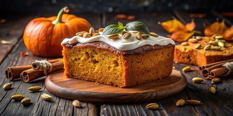 Fototapeta premium A slice of pumpkin bread topped with a creamy frosting and scattered with pumpkin seeds, resting on a rustic wooden board surrounded by cinnamon sticks and autumn leaves