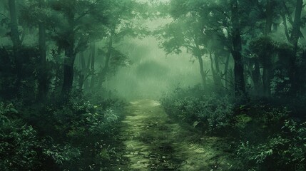 Fototapeta premium Forest pathway enveloped in green trees and misty morning atmosphere