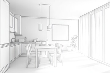 A clean clear black and white easy bright outline imaginative illustration cute cartoon white dining room.white background