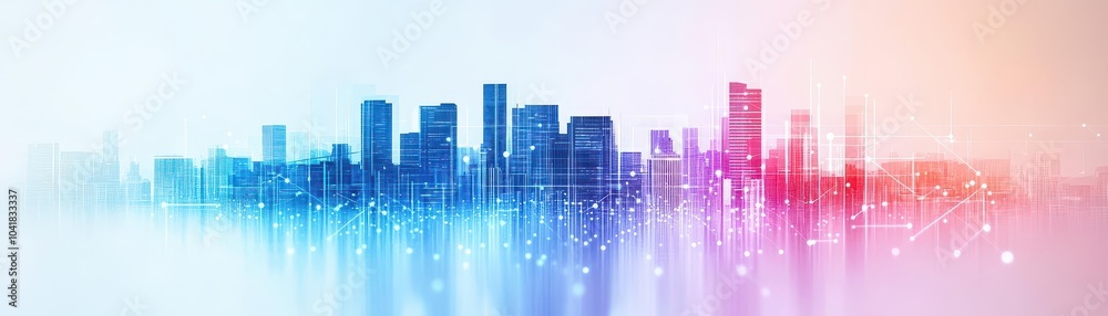 Poster Futuristic skyline with gradient lines and dots in midair, symbolizing smart grid technologies, side view, scifi tone, vivid color scheme