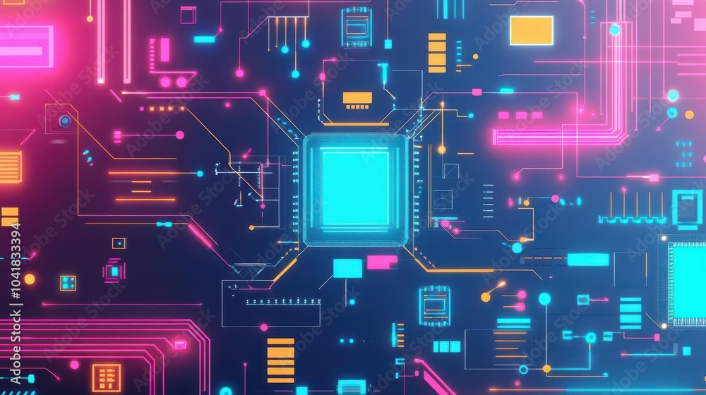 Poster futuristic electronic circuit board flat design front view augmented reality theme cartoon drawing c