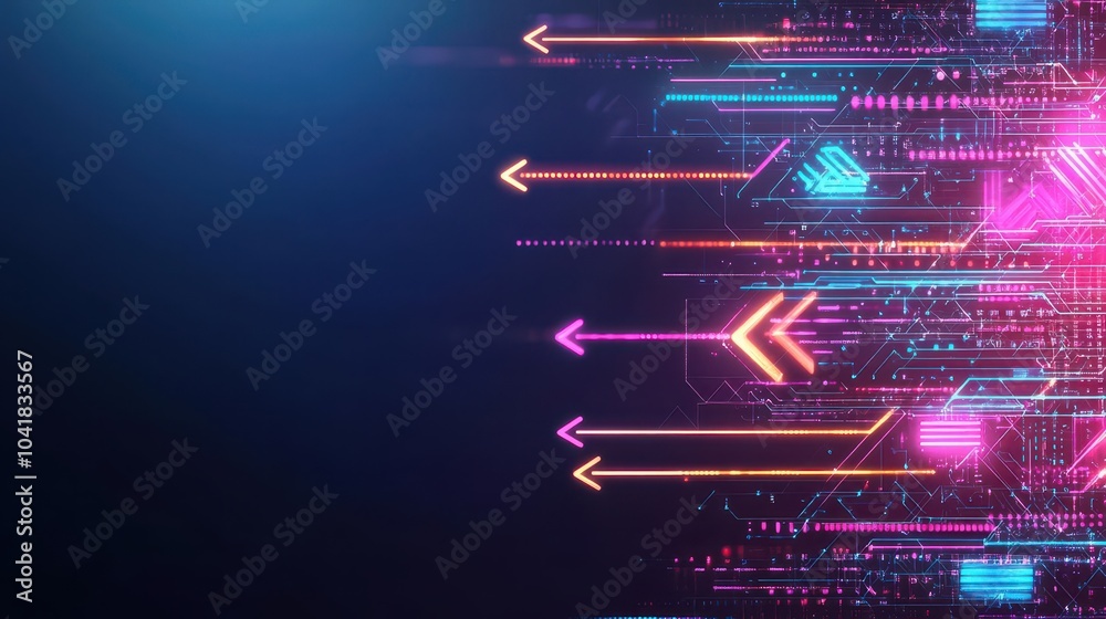 Aufkleber futuristic arrows, neon glow, abstract technology circuits, data flow patterns, dark background